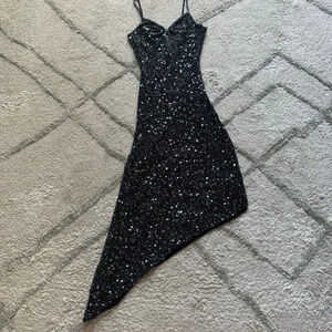 Scala Y2K beaded black silk dress Asymmetrical hem lined small